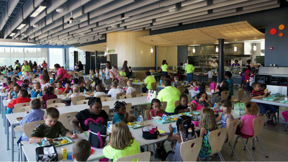 The new cafeteria in Buckingham Country Primary & Elementary Schools in Virginia (courtesy of ABC News and VMDO Architects/Tom Daly Photography)