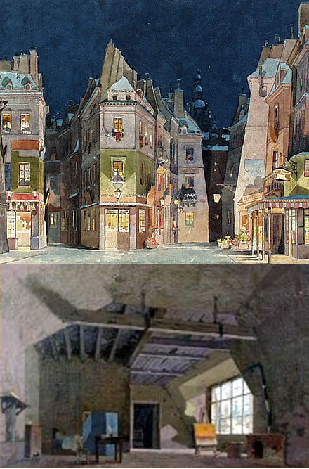 Original set designs for Puccini's La Boheme. Mimì, the opera's protagonist, suffers from and eventually dies from tuberculosis.